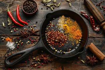 Cast-iron Frying Pan with Spices on Rustic Wooden Background 
