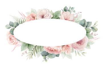 Dusty pink roses flowers and eucalyptus leaves. Watercolor vector oval floral frame. Wedding stationary, greetings, wallpapers, fashion, fabric, home decoration. Hand painted illustration.