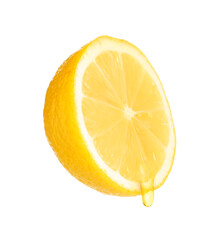 Juice dripping from half of lemon isolated on white