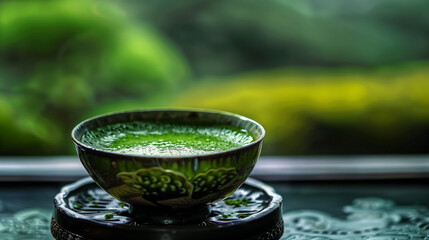 Detailed image of a Japanese matcha green tea, vibrant green col