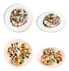 Collection of delicious bruschettas with cream cheese and balsamic vinegar isolated on white, top and side views