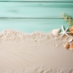 Fototapeta na wymiar Beach sand and mint green wooden background with copy space for summer vacation concept, text on the right side