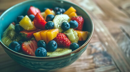 Healthy living concept, close-up of a bowl of fresh fruit salad