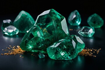 A stunning display of various cuts of emerald gemstones against a dark backdrop - obrazy, fototapety, plakaty