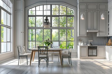 Classic elegant interior - a modern, but classic kitchen with a gray and white wall background, French-style windows - empty space for presenting furniture and appliances