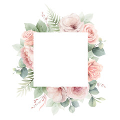 Dusty pink roses flowers and eucalyptus leaves. Watercolor vector square floral frame. Wedding stationary, greetings, wallpapers, fashion, fabric, home decoration. Hand painted illustration. - 785051568
