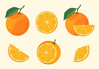 Orange Fruit. Set with whole fruit and half, quarter , with and without leaves. Vector illustration in flat style on isolated background. 