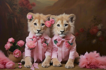 Witness the charm of two tiny lions, dressed in their most adorable suits, creating joy on a pretty pink canvas. - obrazy, fototapety, plakaty