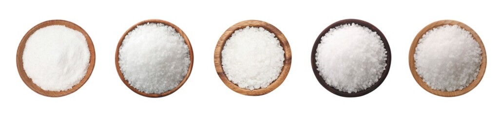 Set of natural salt in bowls isolated on white, top view