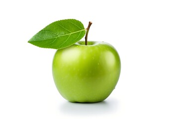 Green apple with leaf isolated on white background