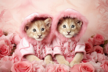 Witness the charm of two tiny lions, dressed in their most adorable suits, creating joy on a pretty pink canvas.