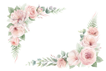 Watercolor vector floral frame border with pink roses flowers, eucalyptus branches and texture. Perfect for wedding stationery, greetings, wallpapers, fashion. Hand painted illustration. - 785051931