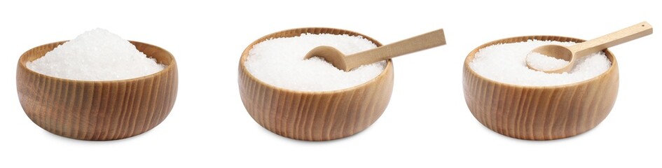 Fototapeta na wymiar Natural salt in wooden bowls isolated on white, set