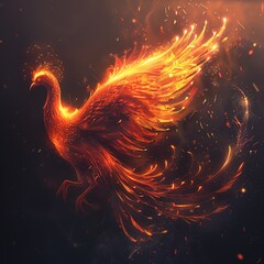 Craft a modern and captivating representation of a phoenix in a minimalist style, highlighting its fiery feathers and regal stance with a unique twist Experiment with unexpected camera angles to creat - obrazy, fototapety, plakaty