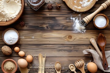 cooking equipment on wooden kitchen table  - obrazy, fototapety, plakaty