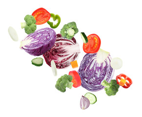 Fresh vegetables and herbs in air on white background - obrazy, fototapety, plakaty