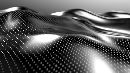Silver digital mesh waves on black with white accents simulate data flow rhythm.