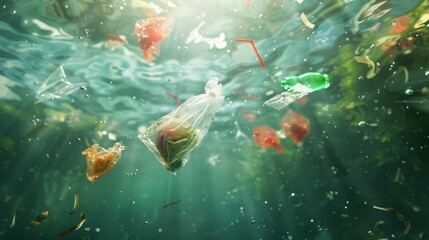 Underwater Scene with Plastic Waste