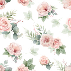 Watercolor vector floral seamless pattern. Pink roses flowers and eucalyptus leaves. Wrapping paper, textile, wedding design, digital scrapbooking, packaging, fabrics. Hand painted illustration. - 785052195