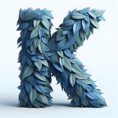 Obraz premium The letter K is made out of blue Leaves, Isolated on a white background, leaves font concept, Creative Alphabet, Letters, Natural Blue 