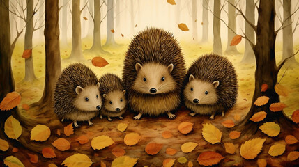 Whimsical scene of a family of hedgehogs exploring a bed of fallen leaves, their spiky silhouettes...