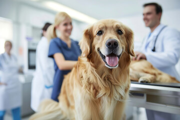 A veterinary clinic waiting room, pet owners and their furry pets