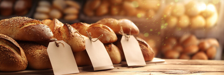 Golden hour light enhances the texture of an assortment of artisan breads with tags, ready for sale