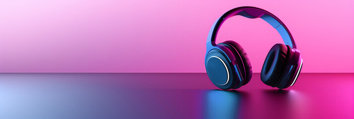 Modern blue headphones stand out against a dual-tone pink backdrop with ample copy space for ads - obrazy, fototapety, plakaty