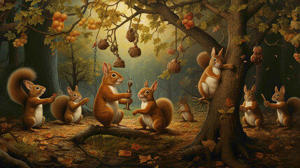 Whimsical scene of a family of squirrels engaged in a playful game of tag among the branches, their agile movements a joyous dance in the treetops. - obrazy, fototapety, plakaty
