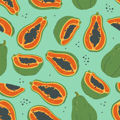 Seamless pattern with papaya and parts. Vector graphics.