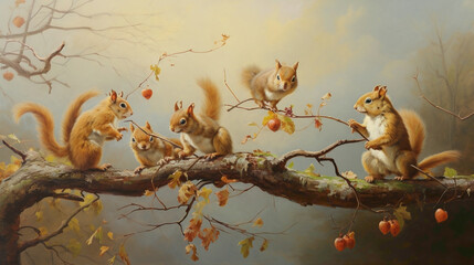 Whimsical scene of a family of squirrels engaged in a playful game of tag among the branches, their agile movements a joyous dance in the treetops. - obrazy, fototapety, plakaty