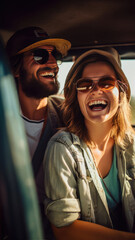 A man and woman in cool sunglasses are smiling and laughing in back seat of car