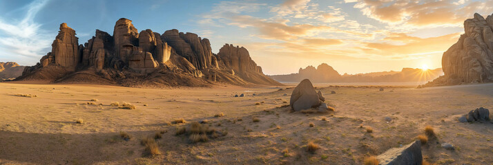 An expansive panoramic view of a desert with majestic sandstone rock formations bathed in the warm light of a sunset