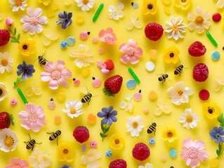 A pattern of cute bees, and wildflowers with stems, made from mini candy and cookies with forms ,  top view