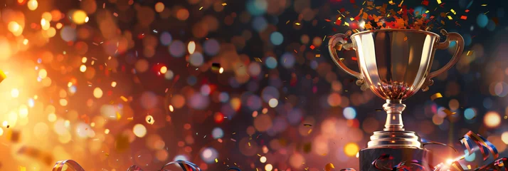 Foto op Plexiglas A striking image of a winning champion's trophy surrounded by a festive explosion of confetti and bokeh lights © Armin