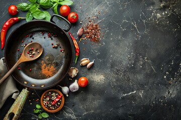  Food background with cooking pan, wooden spoon fresh seasoning and spices on dark rustic background