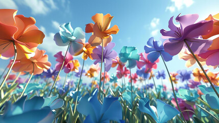 Kaleidoscopic 3D blooms against sky blue infuse spaces with jubilance.