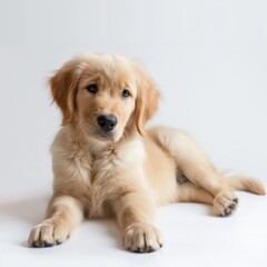 A cute golden retriever puppy with a gentle expression lying on a white background.