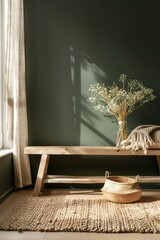 A peaceful corner with a wooden bench, dried flowers, and wicker basket illuminated by sunlight.