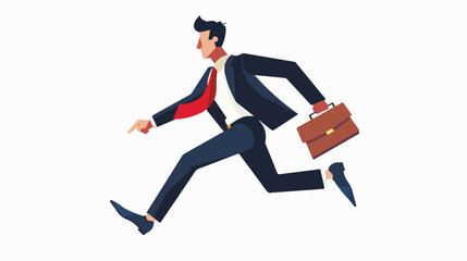 Business man in suit and red tie running fast holding