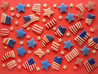 Fototapeta premium A pattern of American flags, and stars, made from mini candy and cookies with forms, top view, 