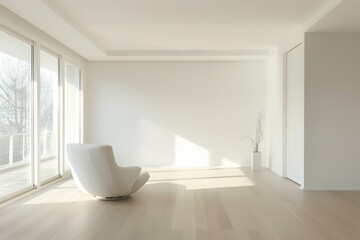 Fototapeta na wymiar Bright modern room with a minimalist design, featuring a white chair and a large window.