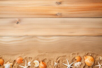 Beach sand and orange wooden background with copy space for summer vacation concept, text on the right side