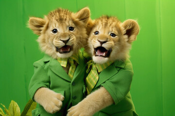 Two happy lion cubs, dressed in miniature suits, having a playful time on a lively green background. - obrazy, fototapety, plakaty