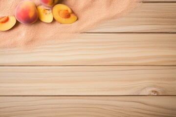 Beach sand and peach wooden background with copy space for summer vacation concept, text on the right side 