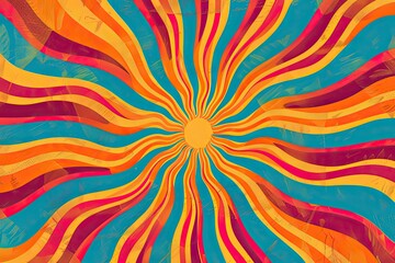 Horizontal retro groovy background with bright sunburst in style 60s 70s Trendy colorful graphic print Vector illustration