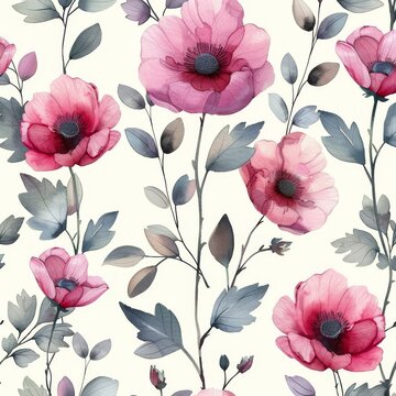 Flowers and leaves hand painted in watercolor pink in a seamless pattern.