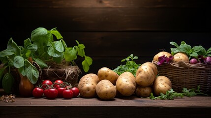 Potato and vegetables on a dark wooden table.