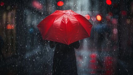 a person holding a vibrant red umbrella amidst a heavy downpour