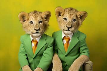 Two happy lion cubs, dressed in miniature suits, having a playful time on a lively green background.